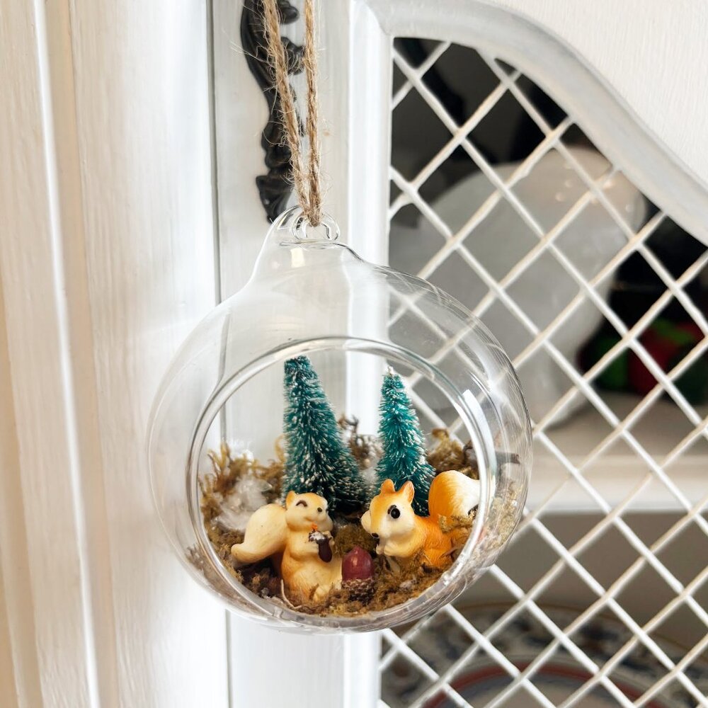 Handmade Winter Woodland Squirrel Ornament – Hanging Glass Globe Decor